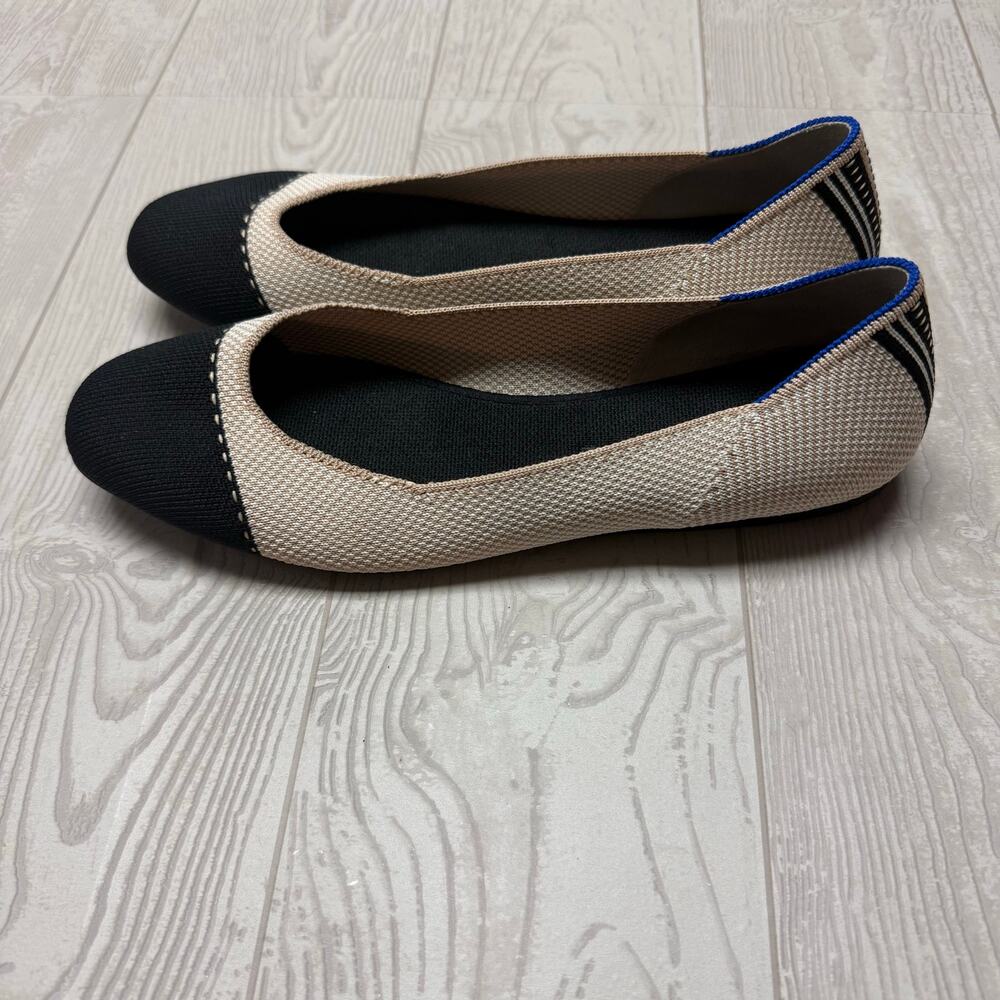 Rothy’s The Flat Cap Toe Ballet Flats Beige Black Knit Washable Women’s 10